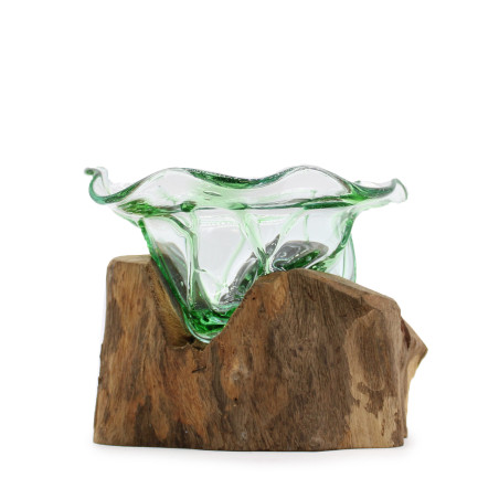 Recyklované Sklo z Pivných Fliaš - Veľká Ozdobná Miska na Dreve